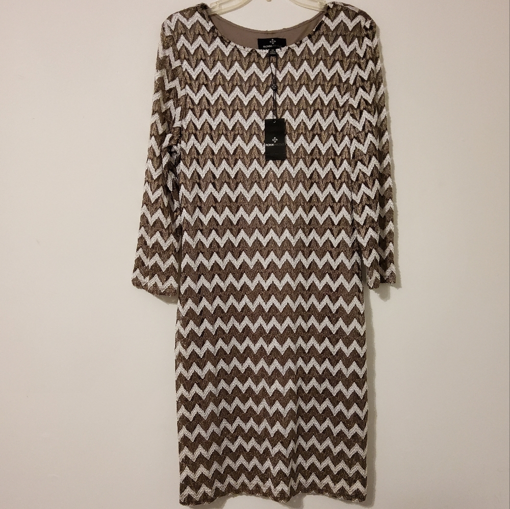 Ronni Nicole Taupe/Ivory/Gold Embroidered Chevron Print Sheath Dress Size 14
